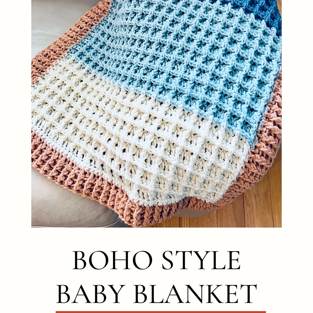 baby blanket in blue, white, and light brown 27”x23” cradle/basinet/carseat